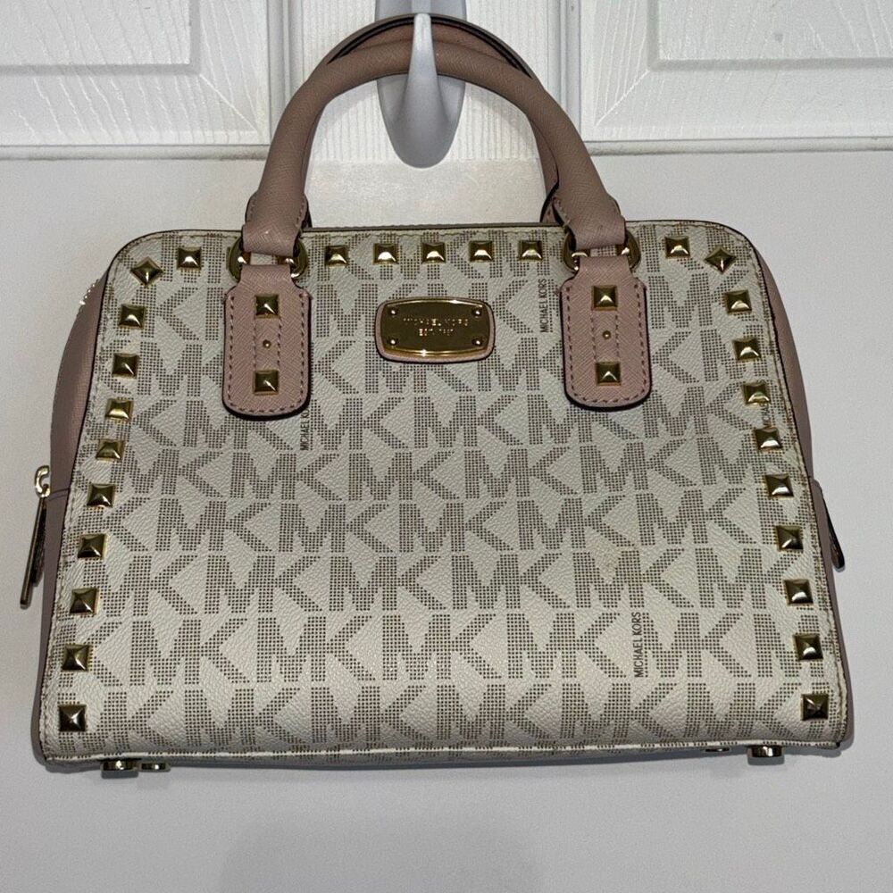 Michael Kors MK Sandrine Studded satchel purse bag pink logo gold xbody leather - Picture 2 of 11